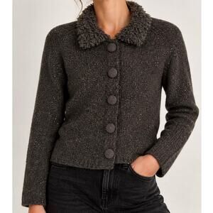 Vintage Michael Simon Glitter Knit Cardigan Sweater Medium Collar Sherpa Fleece
